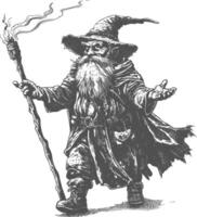 dwarf mage with magical staff full body images using Old engraving style body black color only vector