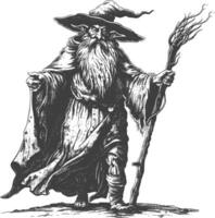 dwarf mage with magical staff full body images using Old engraving style body black color only vector