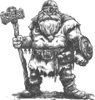 dwarf warrior with hammer full body images using Old engraving style body black color only vector