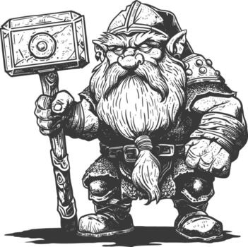 dwarf warrior with hammer full body images using Old engraving style body black color only vector