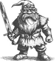 dwarf warrior with sword full body images using Old engraving style body black color only vector