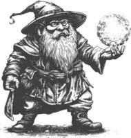 dwarf mage with magical orb full body images using Old engraving style body black color only vector