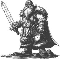 dwarf warrior with sword full body images using Old engraving style body black color only vector