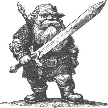 dwarf warrior with sword full body images using Old engraving style body black color only vector