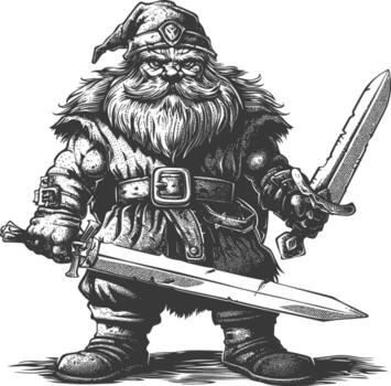 dwarf warrior with sword full body images using Old engraving style body black color only vector