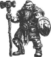 dwarf warrior with hammer full body images using Old engraving style body black color only vector