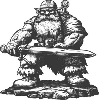 dwarf warrior with sword full body images using Old engraving style body black color only vector