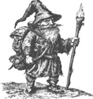 dwarf mage with magical staff full body images using Old engraving style body black color only vector