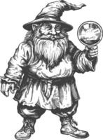 dwarf mage with magical orb full body images using Old engraving style body black color only vector