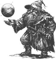 dwarf mage with magical orb full body images using Old engraving style body black color only vector