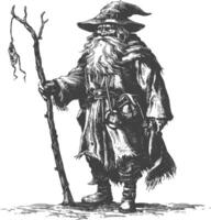 dwarf mage with magical staff full body images using Old engraving style body black color only vector