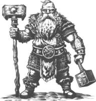 dwarf warrior with hammer full body images using Old engraving style body black color only vector