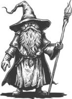 dwarf mage with magical staff full body images using Old engraving style body black color only vector