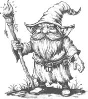 dwarf mage with magical staff full body images using Old engraving style body black color only vector