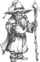 dwarf mage with magical staff full body images using Old engraving style body black color only vector