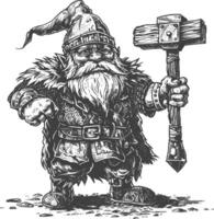 dwarf warrior with hammer full body images using Old engraving style body black color only vector