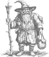 dwarf mage with magical staff full body images using Old engraving style body black color only vector