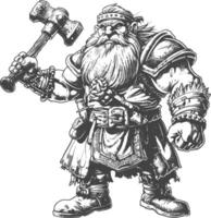 dwarf warrior with hammer full body images using Old engraving style body black color only vector