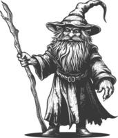 dwarf mage with magical staff full body images using Old engraving style body black color only vector