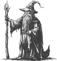 dwarf mage with magical staff full body images using Old engraving style body black color only vector