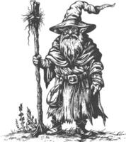 dwarf mage with magical staff full body images using Old engraving style body black color only vector