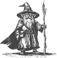 dwarf mage with magical staff full body images using Old engraving style body black color only vector