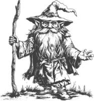 dwarf mage with magical staff full body images using Old engraving style body black color only vector