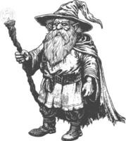 dwarf mage with magical staff full body images using Old engraving style body black color only vector