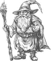 dwarf mage with magical staff full body images using Old engraving style body black color only vector