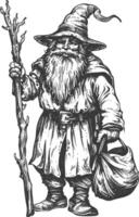 dwarf mage with magical staff full body images using Old engraving style body black color only vector