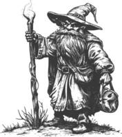 dwarf mage with magical staff full body images using Old engraving style body black color only vector