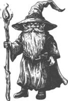 dwarf mage with magical staff full body images using Old engraving style body black color only vector