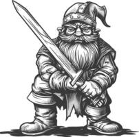 dwarf warrior with sword full body images using Old engraving style body black color only vector