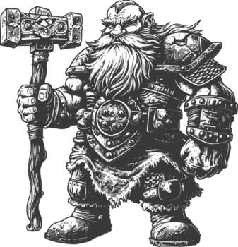 dwarf warrior with hammer full body images using Old engraving style body black color only vector