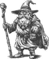 dwarf mage with magical staff full body images using Old engraving style body black color only vector