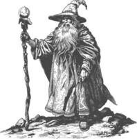 dwarf mage with magical staff full body images using Old engraving style body black color only vector