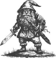 dwarf warrior with sword full body images using Old engraving style body black color only vector