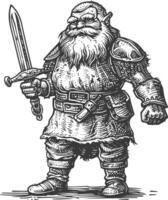 dwarf warrior with sword full body images using Old engraving style body black color only vector