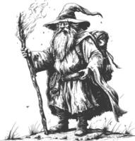 dwarf mage with magical staff full body images using Old engraving style body black color only vector