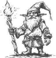 dwarf mage with magical staff full body images using Old engraving style body black color only vector