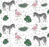 seamless pattern of zebra flamingo and palm vector