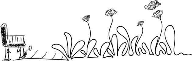 Field butterflys over flowers and grass landscape. Hand drawn illustration vector