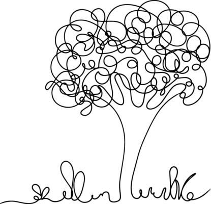 One continuous line art drawing of tree. Doodle illustration
