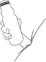 Continuous line drawing of hand holding bottle of water on transparent background. illustration vector