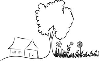 Countryside landscape in continuous line art drawing style. House and trees with grass flower. illustration vector