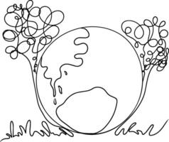 One continuous line art drawing of earth with tree. Doodle illustration vector