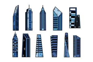 A set of blue buildings with different shapes and sizes vector