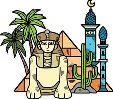 A statue of a woman is sitting in front of the pyramids of Egypt vector