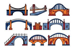 A set of nine different colored bridges, including a footbridge vector