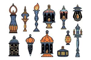 A collection of lanterns and lamps with a variety of shapes and sizes vector